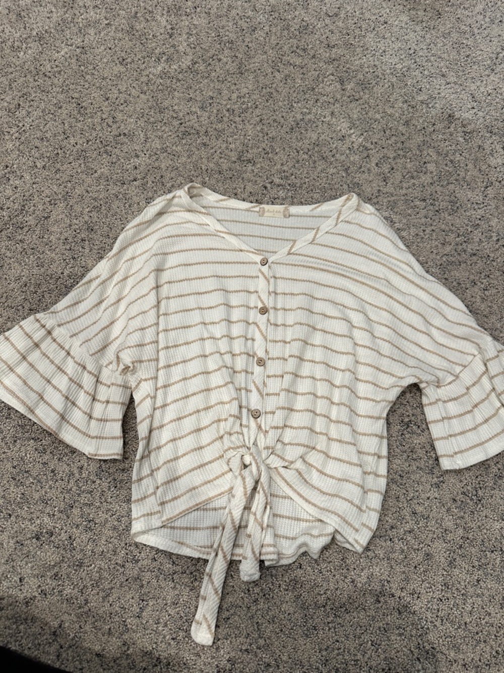 Altar'd State Cream and Tan Striped Tie-Front Blouse